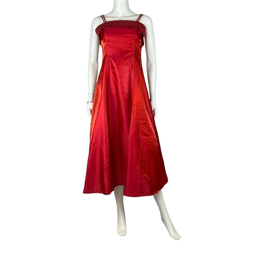 Y2K Red Satin Prom Dress Fairy Romantic Lace‎ Up Back Beaded Coquette Party XS
